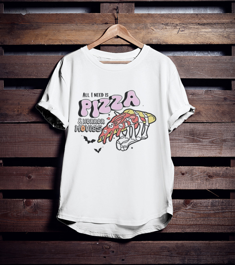 All I Need Is Pizza And Horror Movies Skeleton Hand With Bats And Skulls T-Shirt