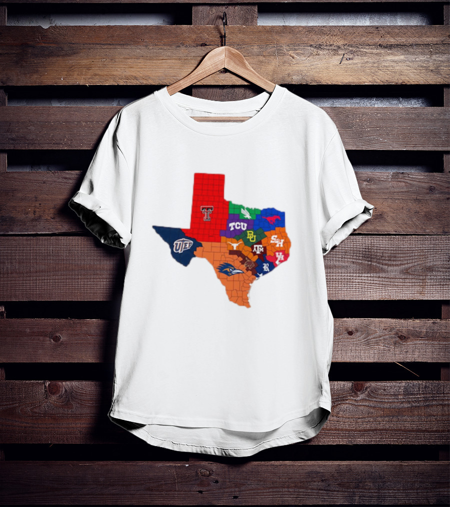 Texas College Football Teams Map With Logos Including Texas Tech TCU SMU Baylor Texas A&M UTEP SHSU UTSA T-Shirt