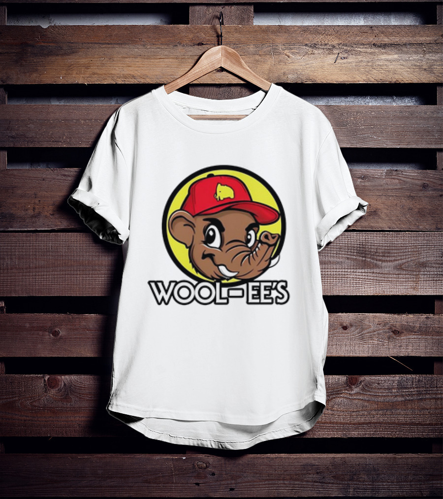Wool-Ee’s Woolly Mammoth Cartoon Character In Red Cap With Yellow Background T-Shirt