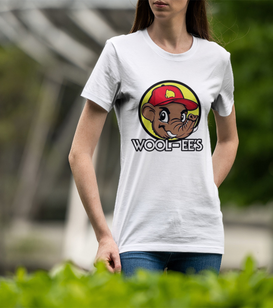 Wool-Ee’s Woolly Mammoth Cartoon Character In Red Cap With Yellow Background T-Shirt