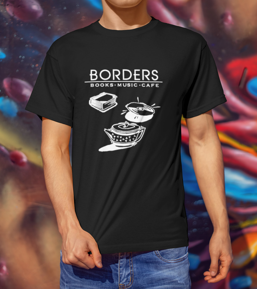 Borders Books Music Cafe Logo With Book, CD, And Teapot T-Shirt