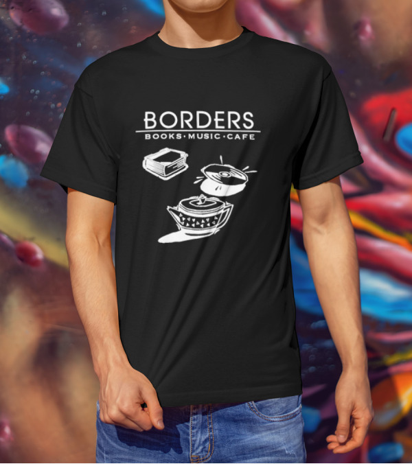 Borders Books Music Cafe Logo With Book, CD, And Teapot T-Shirt