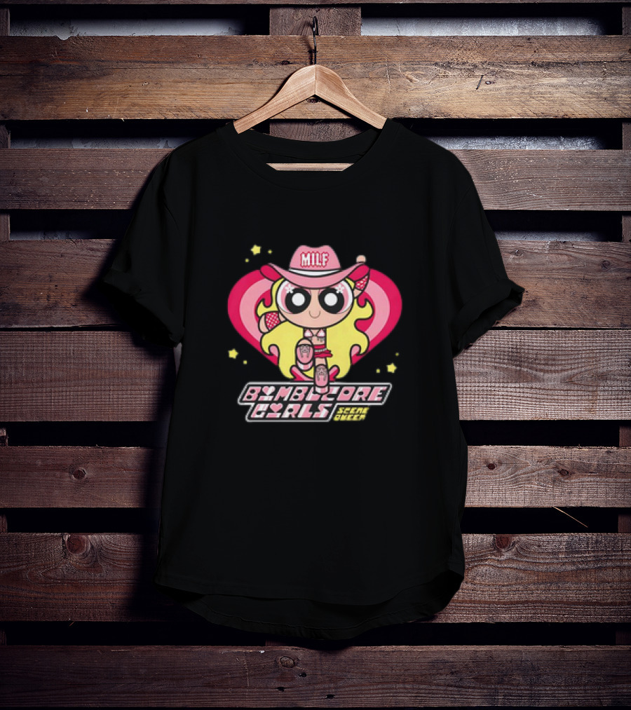 Bimbocore Girls Scene Queen Powerpuff MILF Cowboy Hat Pink Heart Flame T-Shirt