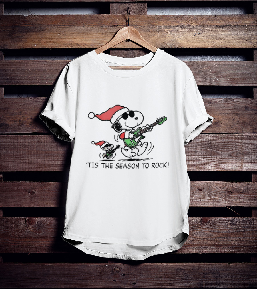Snoopy Woodstock Peanuts 'Tis The Season To Rock Christmas With Santa Hats And Guitars T-Shirt