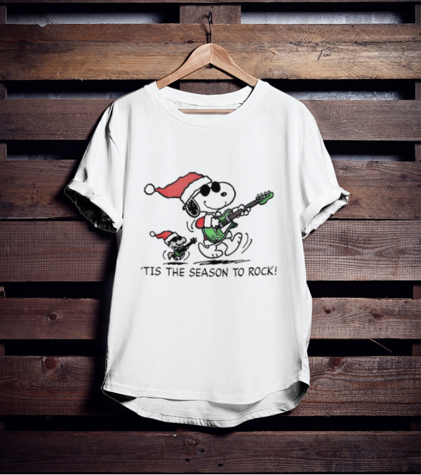 Snoopy Woodstock Peanuts 'Tis The Season To Rock Christmas With Santa Hats And Guitars T-Shirt