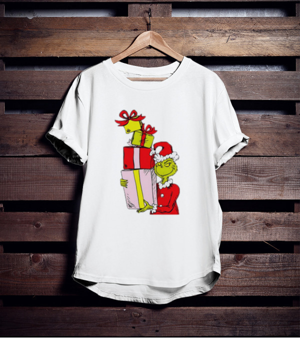 Grinch With Stacked Christmas Gifts Santa T-Shirt