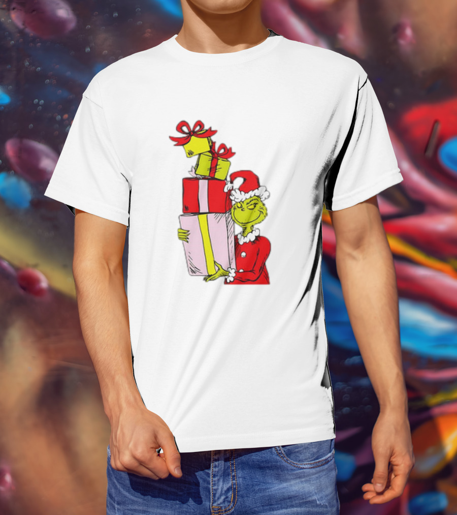 Grinch With Stacked Christmas Gifts Santa T-Shirt