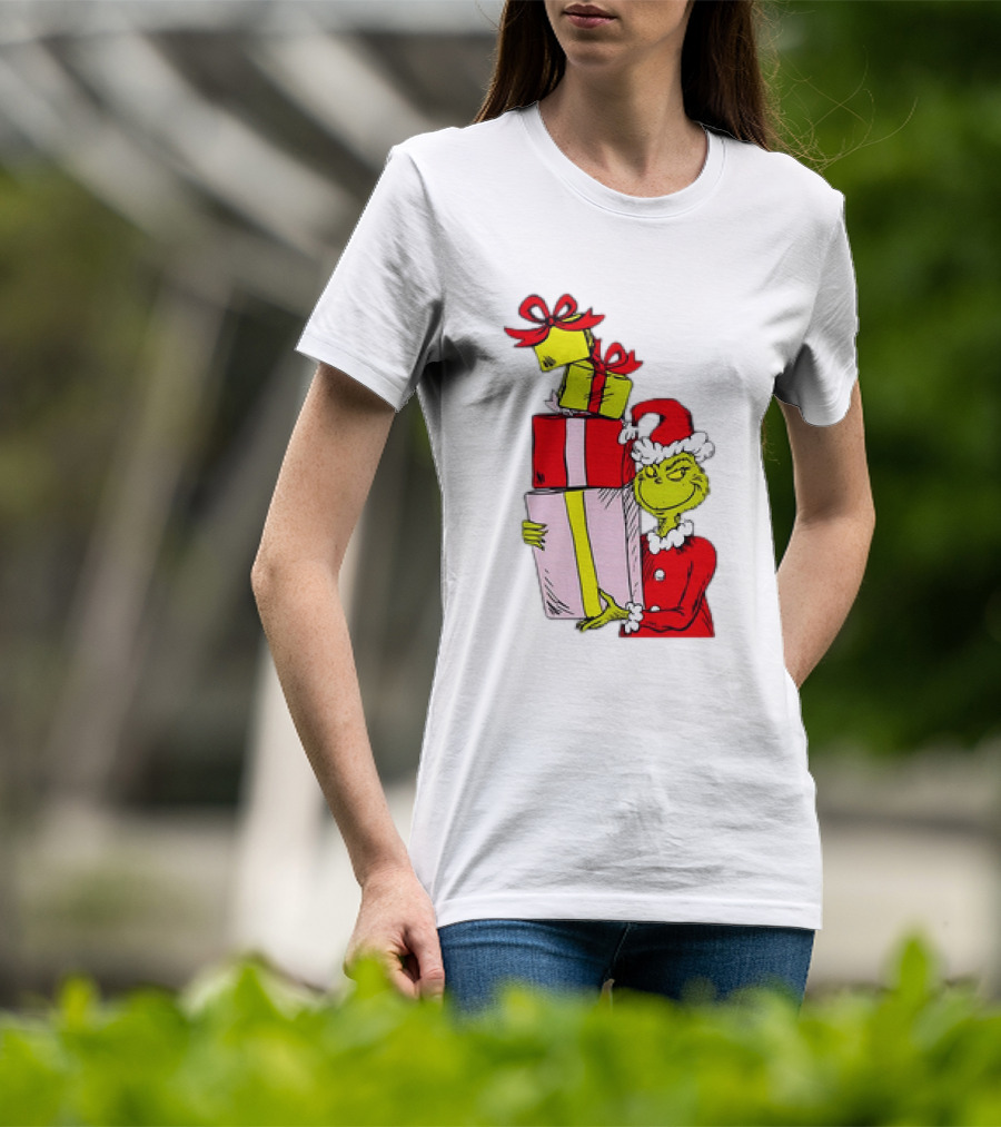 Grinch With Stacked Christmas Gifts Santa T-Shirt