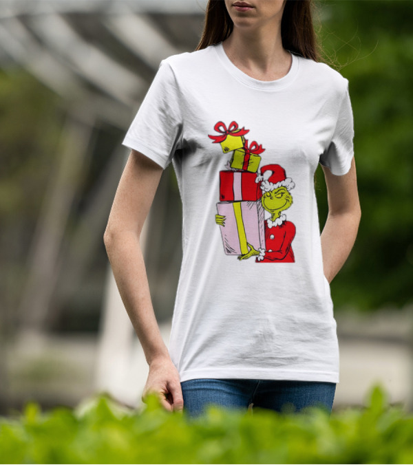 Grinch With Stacked Christmas Gifts Santa T-Shirt