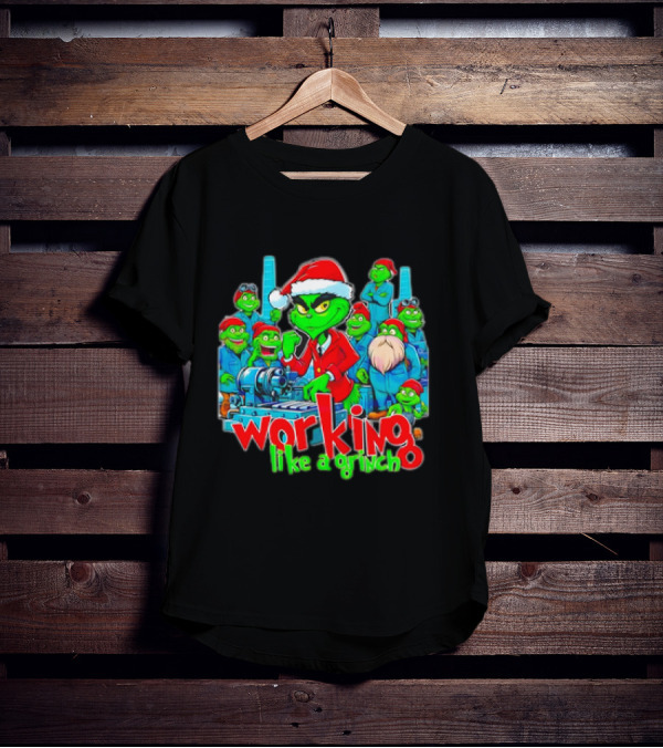 Working Like A Grinch Christmas Mechanic Santa Hat Crew T-Shirt