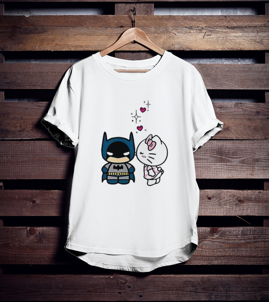 Hello Kitty Kissing Batman With Hearts And Sparkles T-Shirt