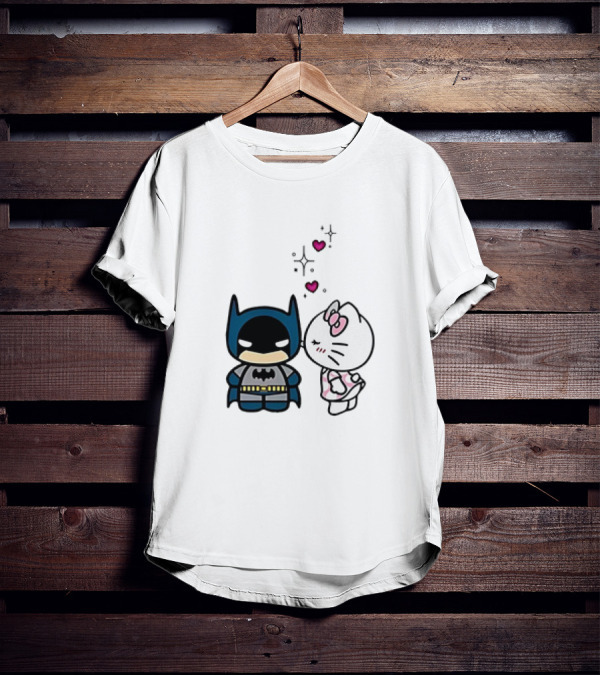 Hello Kitty Kissing Batman With Hearts And Sparkles T-Shirt