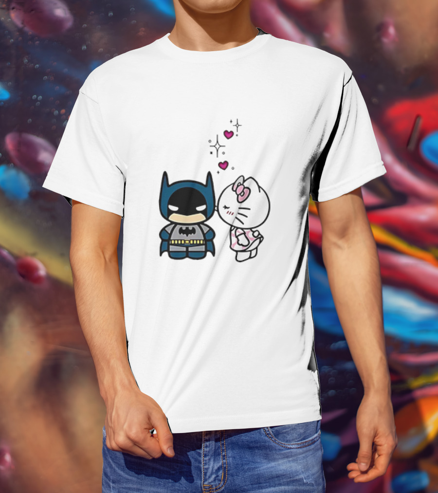 Hello Kitty Kissing Batman With Hearts And Sparkles T-Shirt