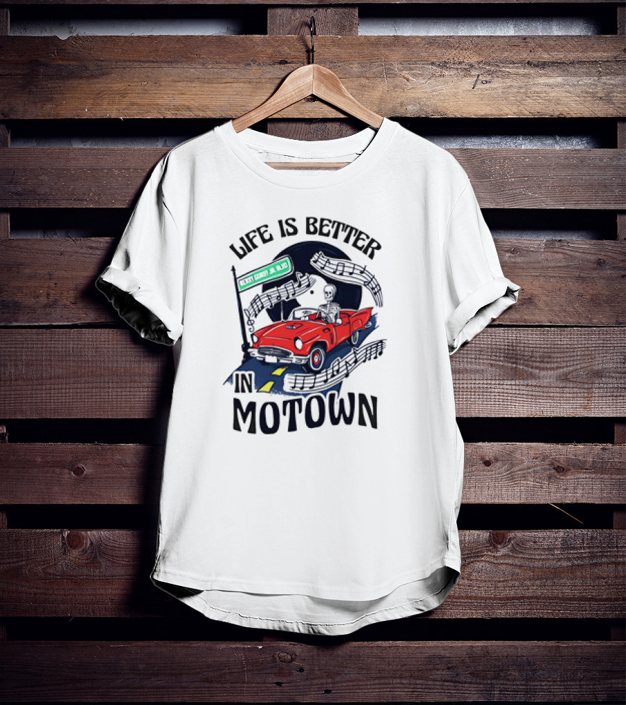 Life Is Better In Motown Skeleton Driver In Red Convertible With Musical Notes T-Shirt