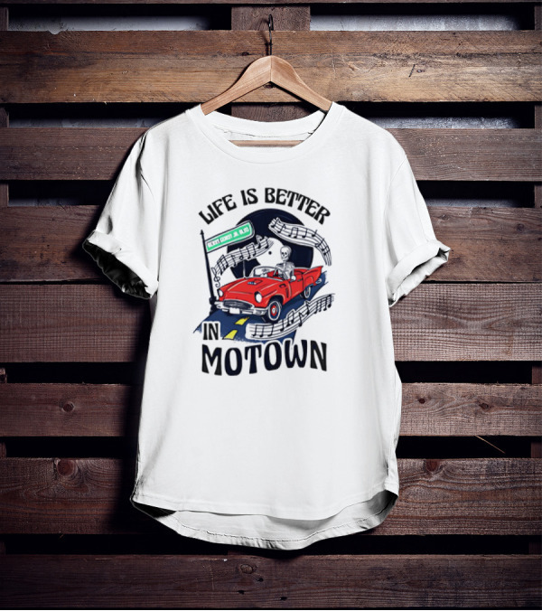 Life Is Better In Motown Skeleton Driver In Red Convertible With Musical Notes T-Shirt