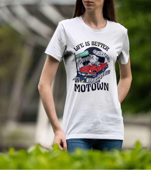 Life Is Better In Motown Skeleton Driver In Red Convertible With Musical Notes T-Shirt