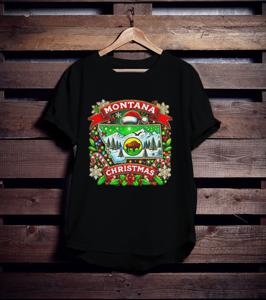 Montana Christmas Snowy Mountains And Buffalo Holiday Festive T-Shirt