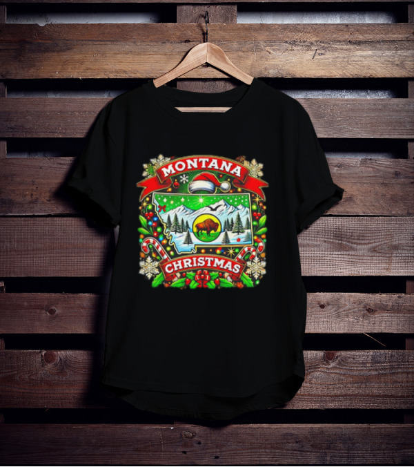 Montana Christmas Snowy Mountains And Buffalo Holiday Festive T-Shirt