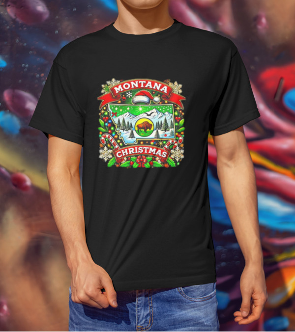 Montana Christmas Snowy Mountains And Buffalo Holiday Festive T-Shirt