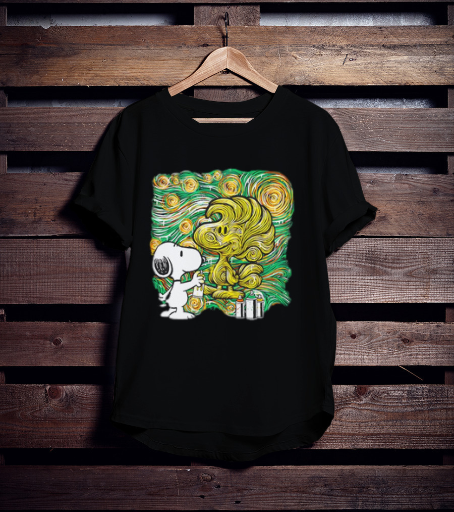 Peanuts Snoopy Spray Painting Woodstock In Starry Night Graffiti T-Shirt