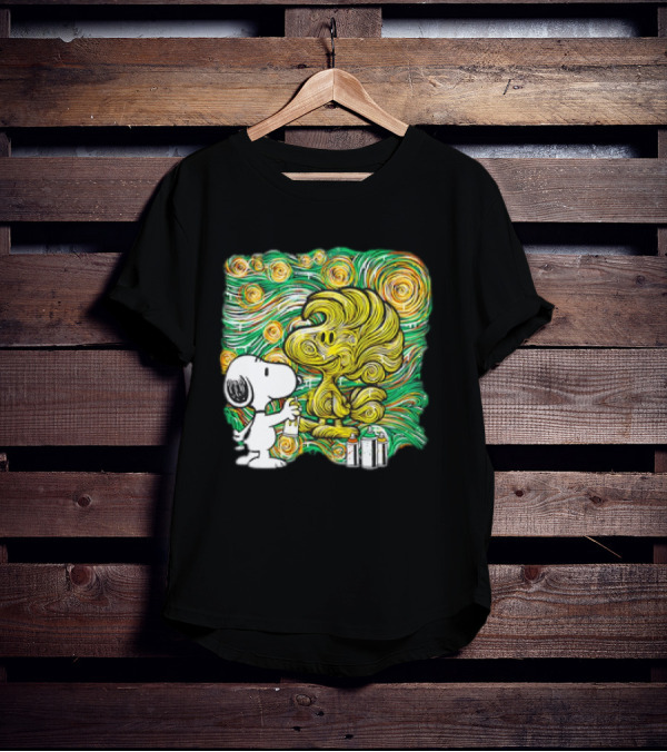 Peanuts Snoopy Spray Painting Woodstock In Starry Night Graffiti T-Shirt