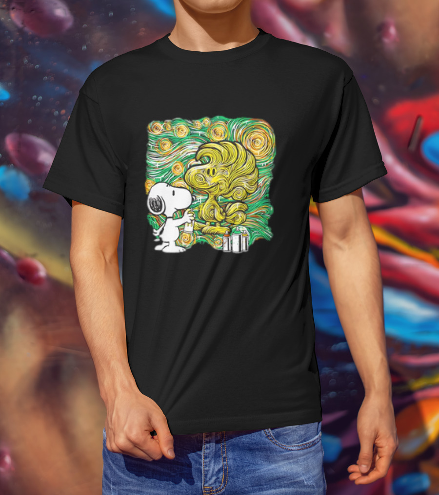 Peanuts Snoopy Spray Painting Woodstock In Starry Night Graffiti T-Shirt