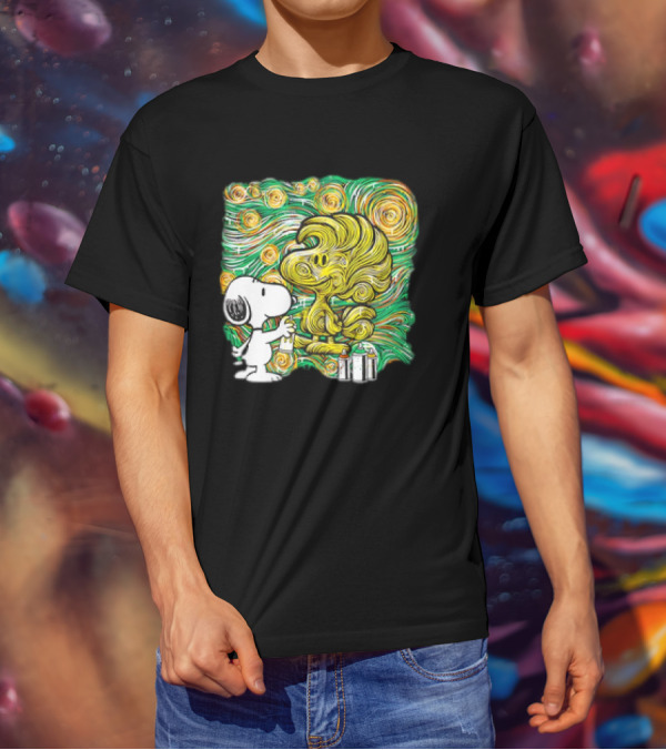 Peanuts Snoopy Spray Painting Woodstock In Starry Night Graffiti T-Shirt