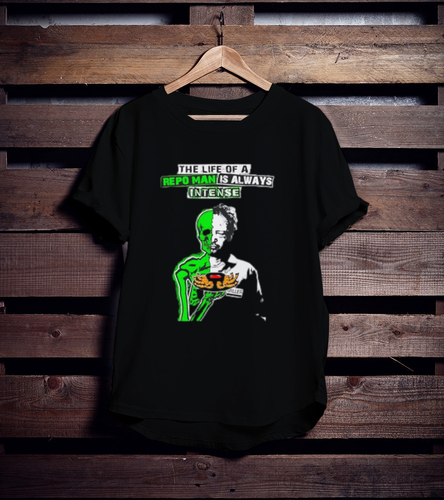 The Life Of A Repo Man Is Always Intense Skull Duality Neon Green Skeleton Black Hat Grim Reaper Delivery Pizza Box Killer T-Shirt