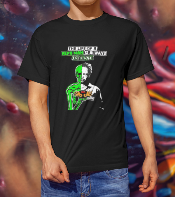 The Life Of A Repo Man Is Always Intense Skull Duality Neon Green Skeleton Black Hat Grim Reaper Delivery Pizza Box Killer T-Shirt