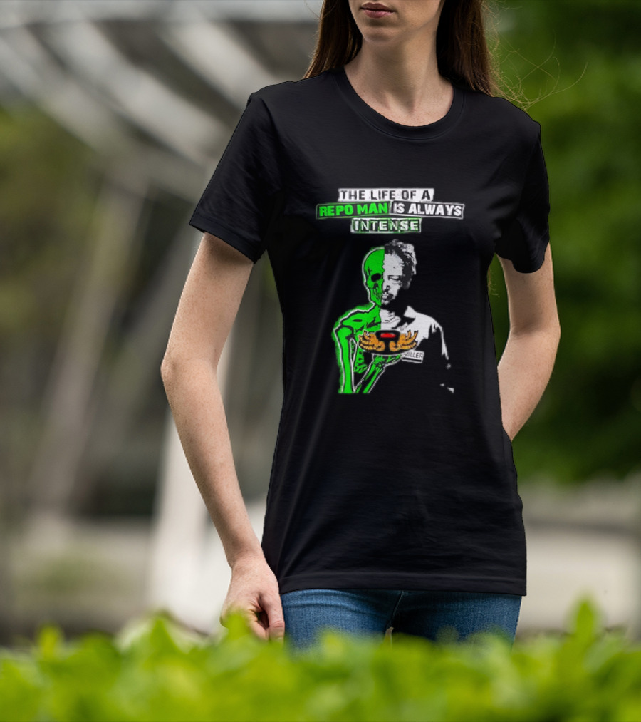The Life Of A Repo Man Is Always Intense Skull Duality Neon Green Skeleton Black Hat Grim Reaper Delivery Pizza Box Killer T-Shirt