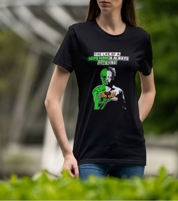 The Life Of A Repo Man Is Always Intense Skull Duality Neon Green Skeleton Black Hat Grim Reaper Delivery Pizza Box Killer T-Shirt