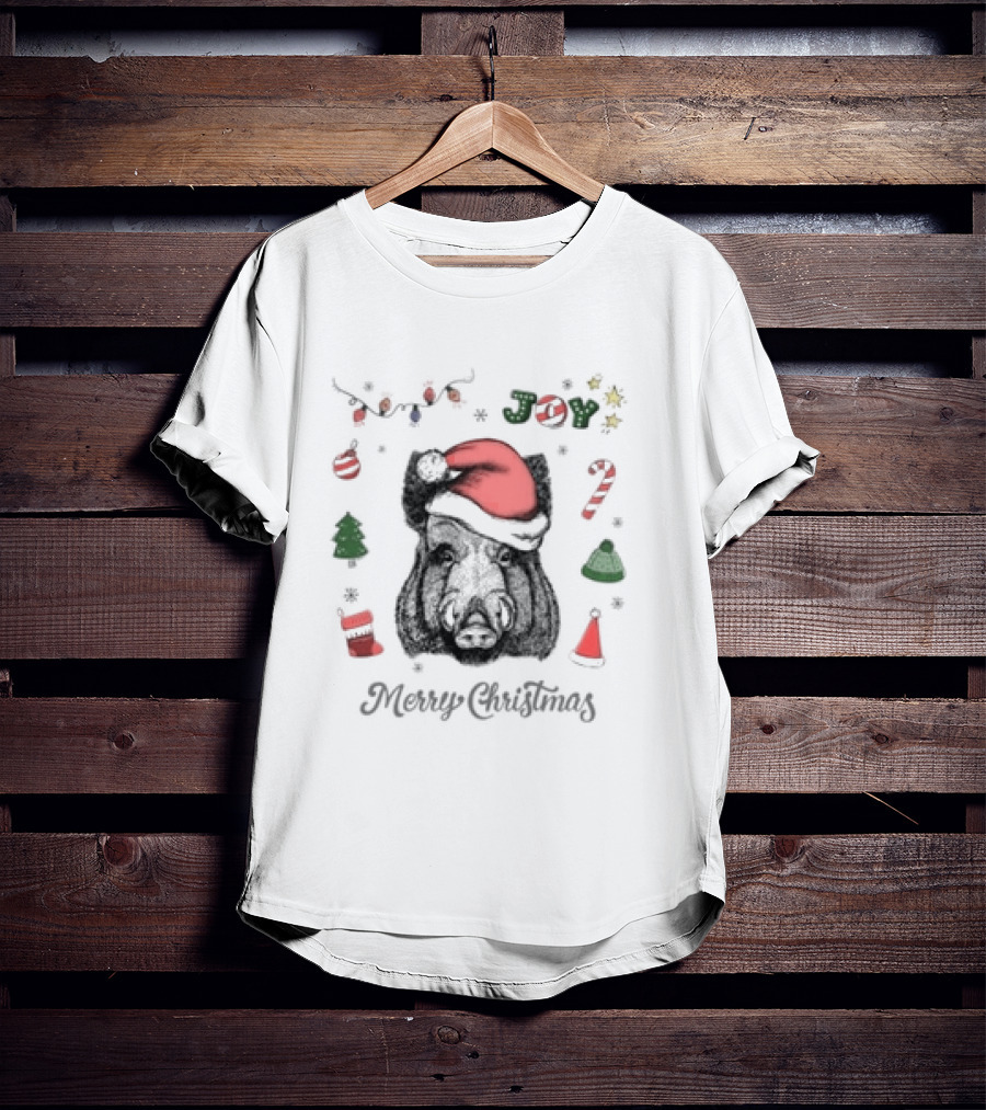 Boar Merry Christmas Joy With Santa Hat And Festive Icons T-Shirt