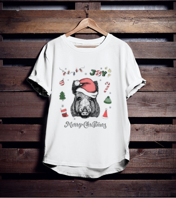 Boar Merry Christmas Joy With Santa Hat And Festive Icons T-Shirt