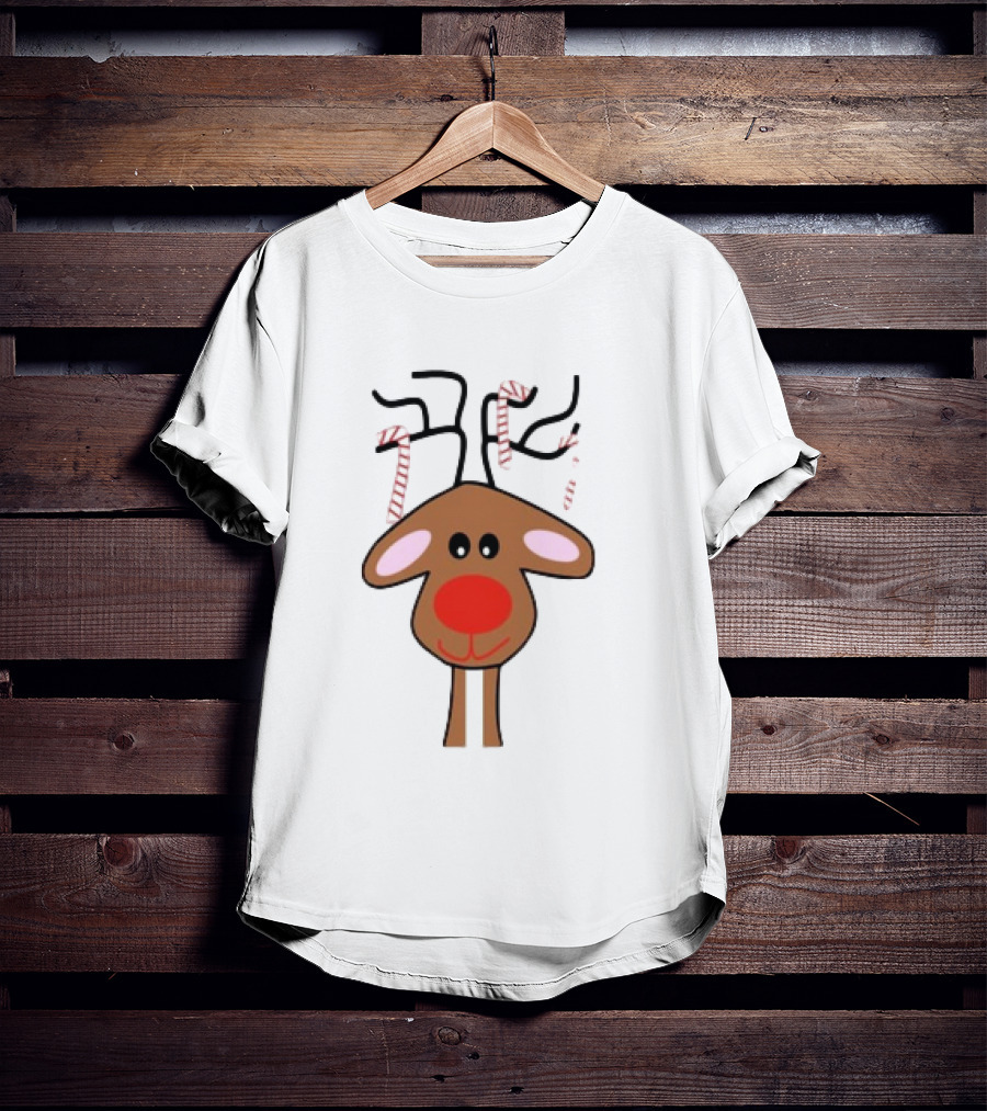 Red Nose Christmas Reindeer With Candy Cane Antlers T-Shirt