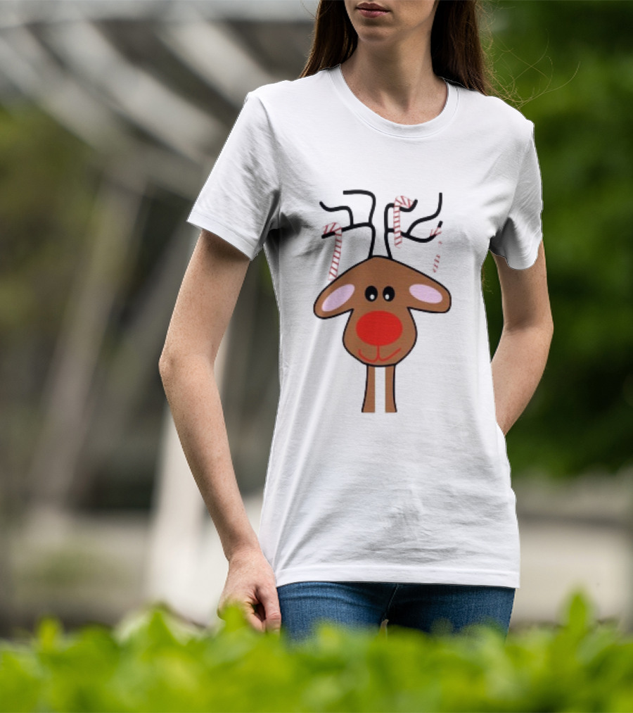 Red Nose Christmas Reindeer With Candy Cane Antlers T-Shirt