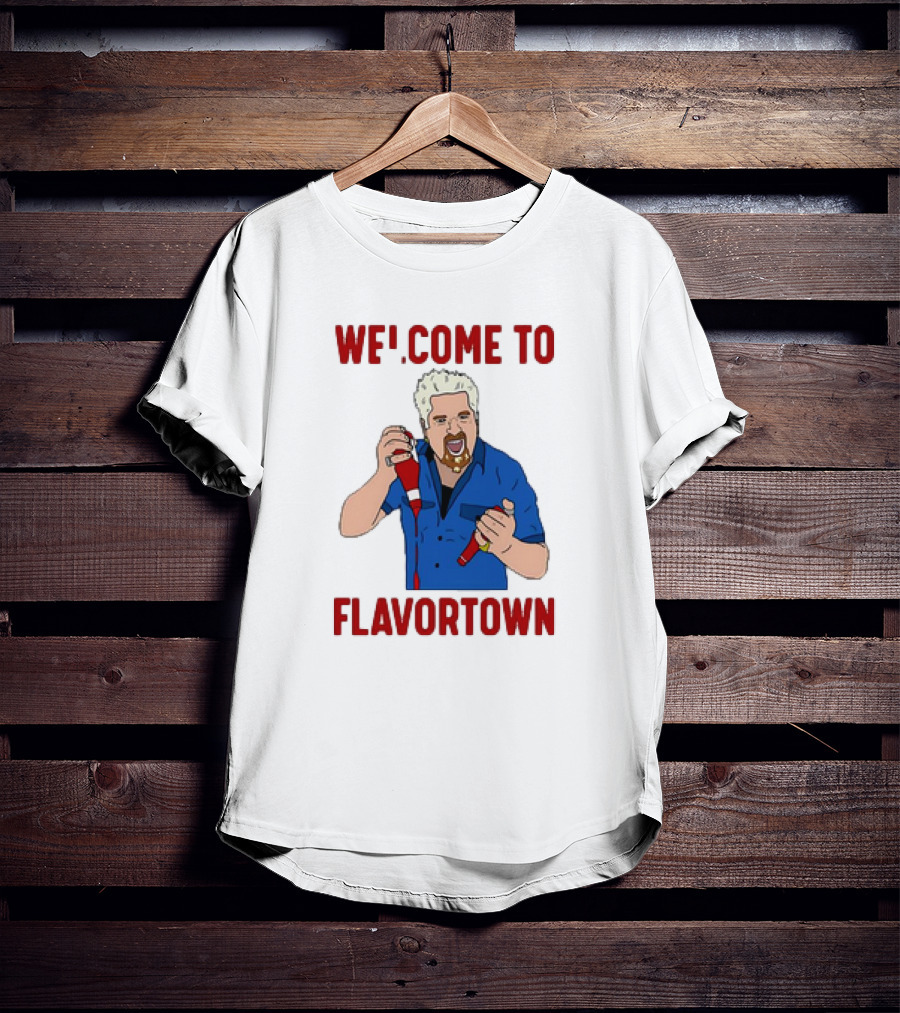 WECOME TO FLAVORTOWN Flavortown Guy Character Cartoon Blue Shirt Red Bottles T-Shirt