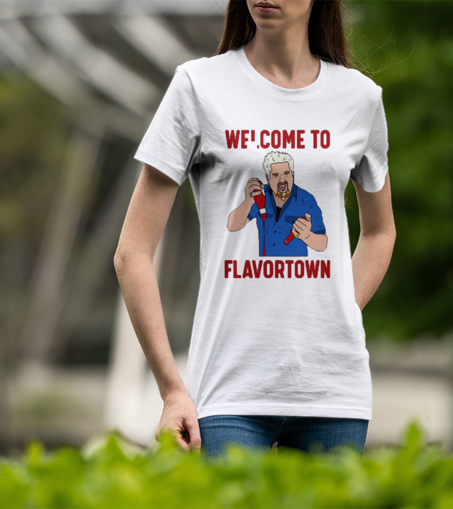 WECOME TO FLAVORTOWN Flavortown Guy Character Cartoon Blue Shirt Red Bottles T-Shirt