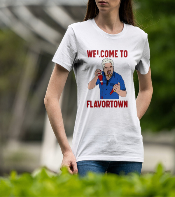 WECOME TO FLAVORTOWN Flavortown Guy Character Cartoon Blue Shirt Red Bottles T-Shirt