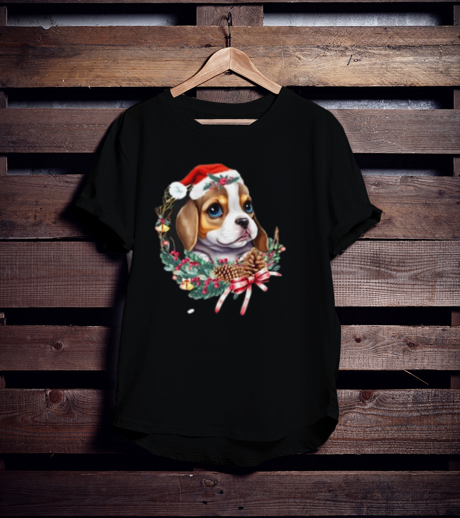 Christmas Beagle With Santa Hat And Holiday Wreath T-Shirt