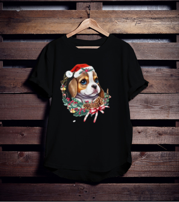 Christmas Beagle With Santa Hat And Holiday Wreath T-Shirt