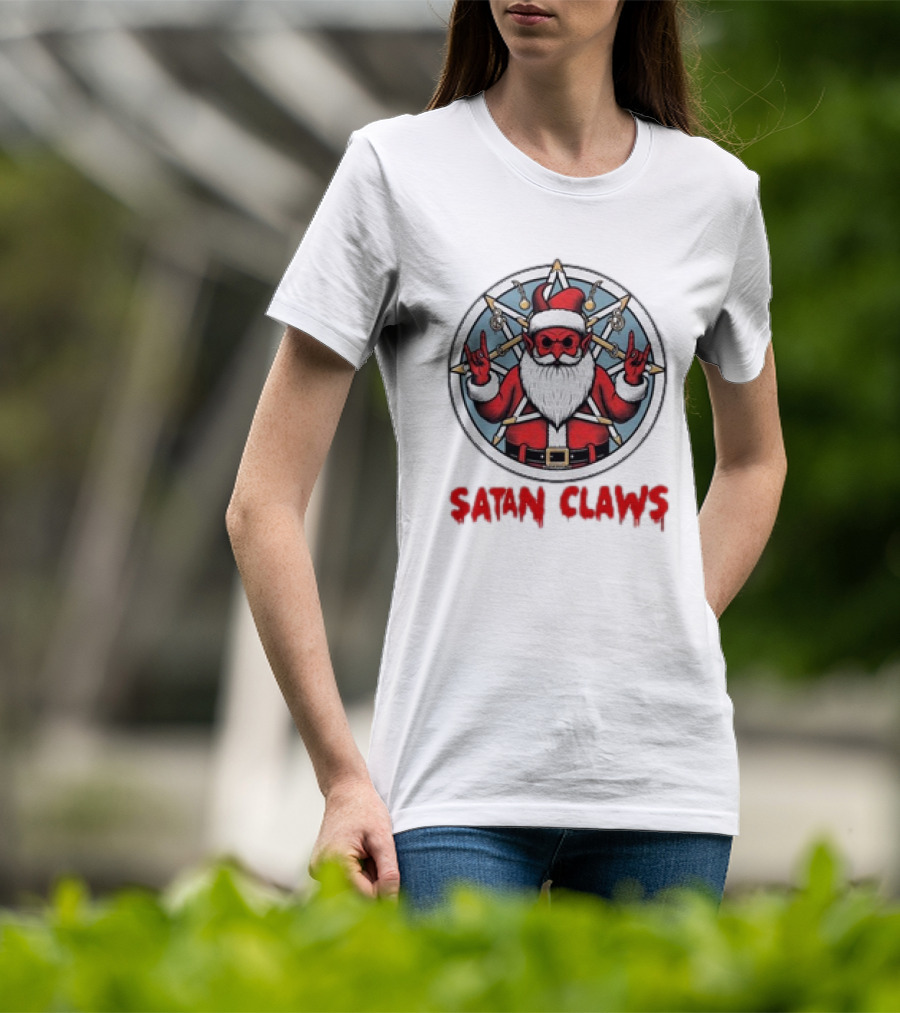 Satan Claws Christmas Pentagram Santa Rock Gesture T-Shirt