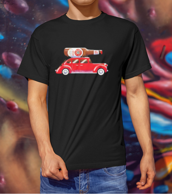 Iron City Beer Bottle On Red Vintage Car Holiday T-Shirt