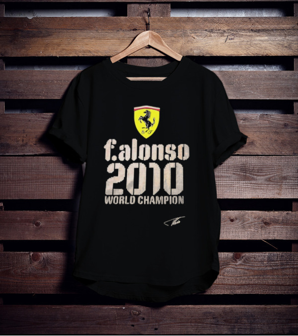 Ferrari F Alonso 2010 World Champion Vintage Logo Yellow Horse Badge T-Shirt