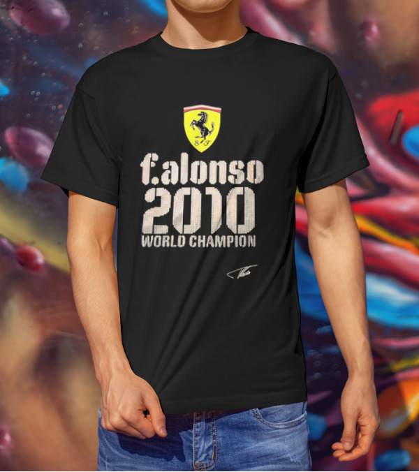 Ferrari F Alonso 2010 World Champion Vintage Logo Yellow Horse Badge T-Shirt