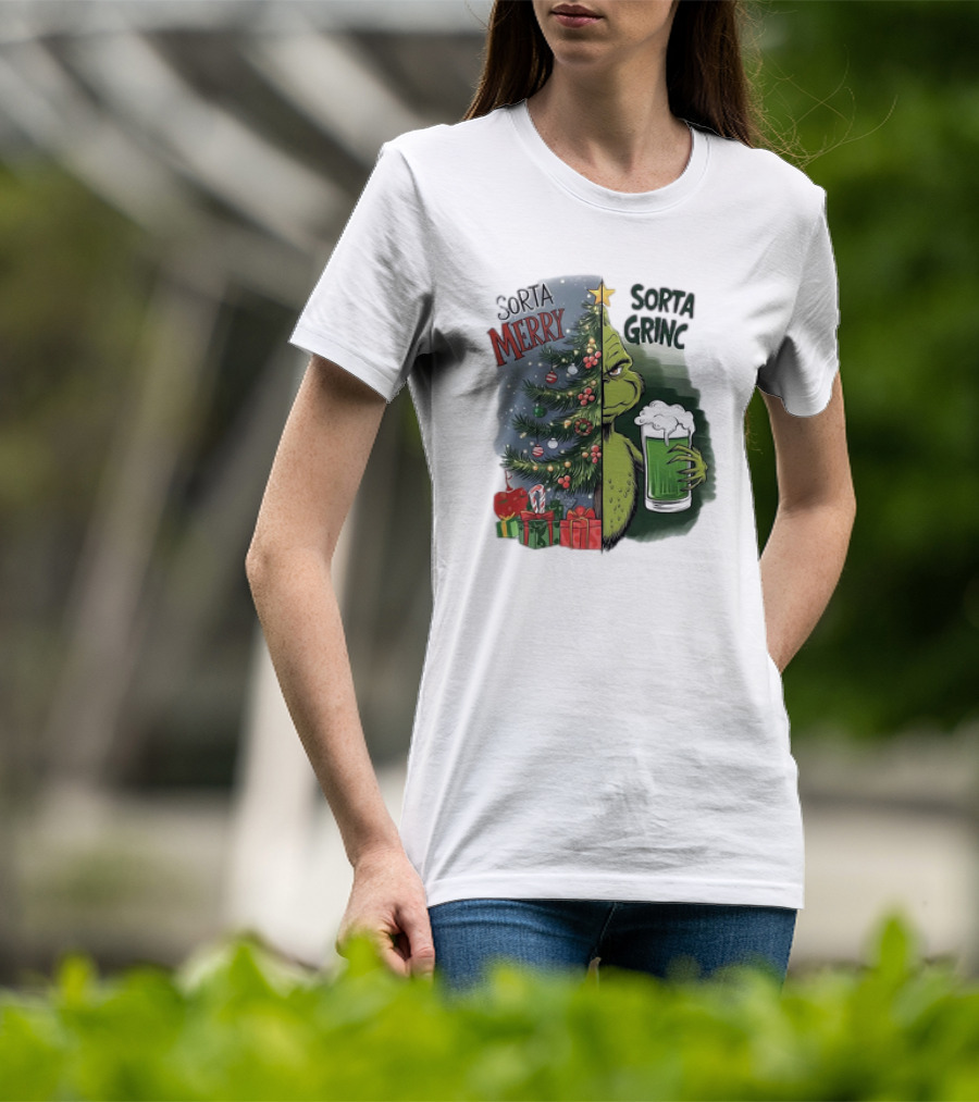 Sorta Merry Sorta Grinch Christmas Tree And Green Drink T-Shirt