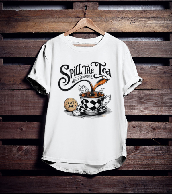 Spill The Tea Alice's Wonderland Eat Me Checkered Teacup And Biscuits T-Shirt