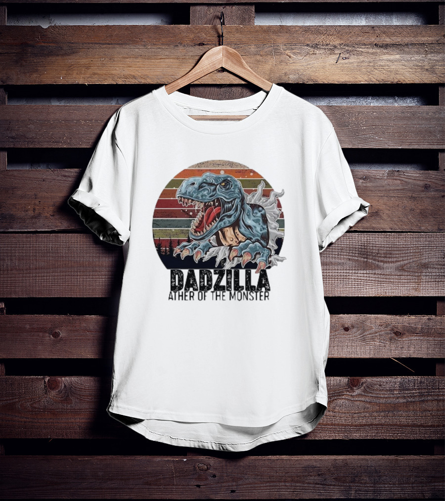Dadzilla Ather Of The Monster Vintage Dinosaur Retro Stripes T-Shirt