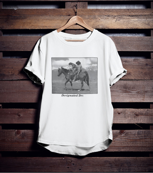 Montana Designated Dri Horseback Rider Cowboy And Dog Scenic Background T-Shirt
