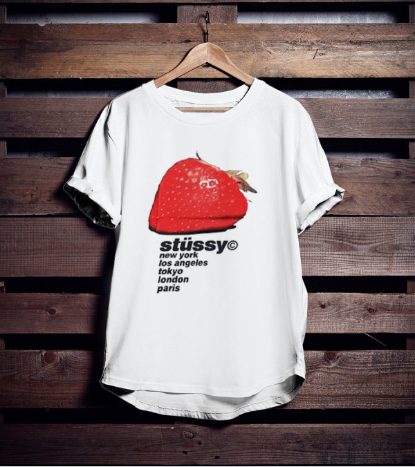 Stussy Strawberry Design New York Los Angeles Tokyo London Paris T-Shirt