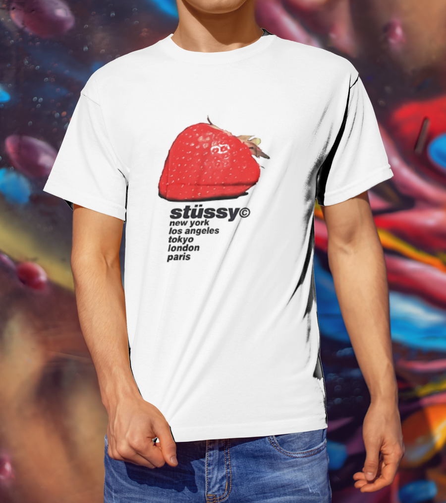Stussy Strawberry Design New York Los Angeles Tokyo London Paris T-Shirt